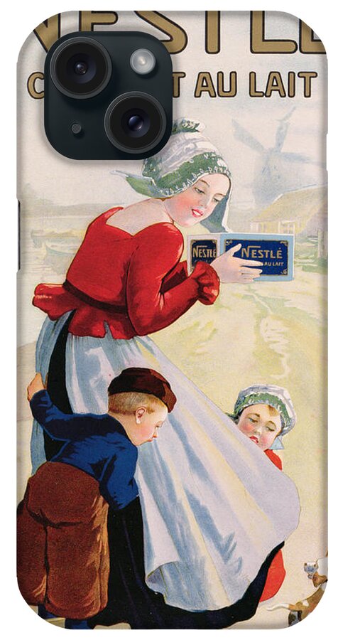 Milk Chocolate; Advert; Publicity; Vintage Poster; 1920s; 20s; Twenties; Windmill; Riverbank; River; Mother; Girl; Boy; Child; Daughter; Son; Dutch Costume; Traditional Dress; Clogs; Confectionery; Treat; Food; Children; Exciting; Excitement; Beagle; Dog; Puppy; Pet iPhone Case featuring the drawing Advertisement for Chocolat au Lait by Anonymous