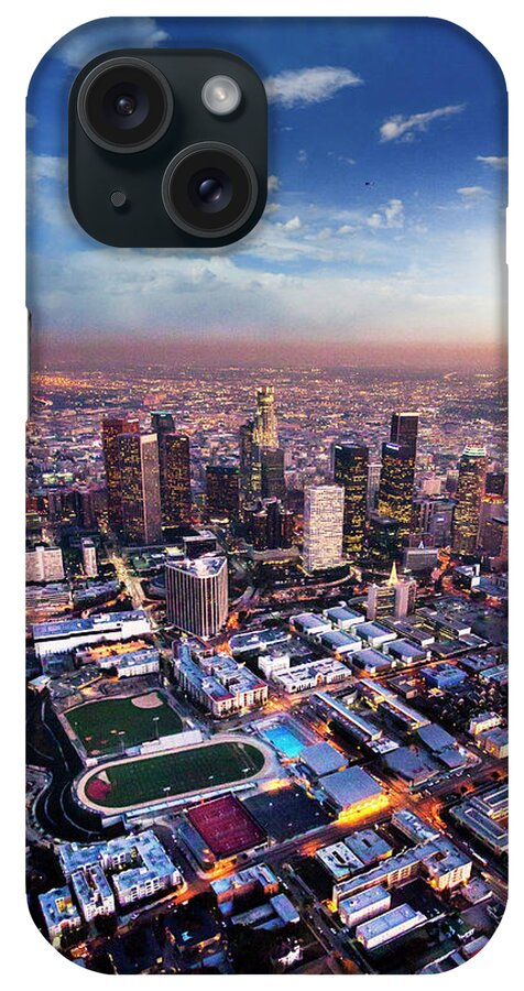 Downtown District iPhone Case featuring the photograph Aerial Downtown Los Angeles At Night by Adamkaz