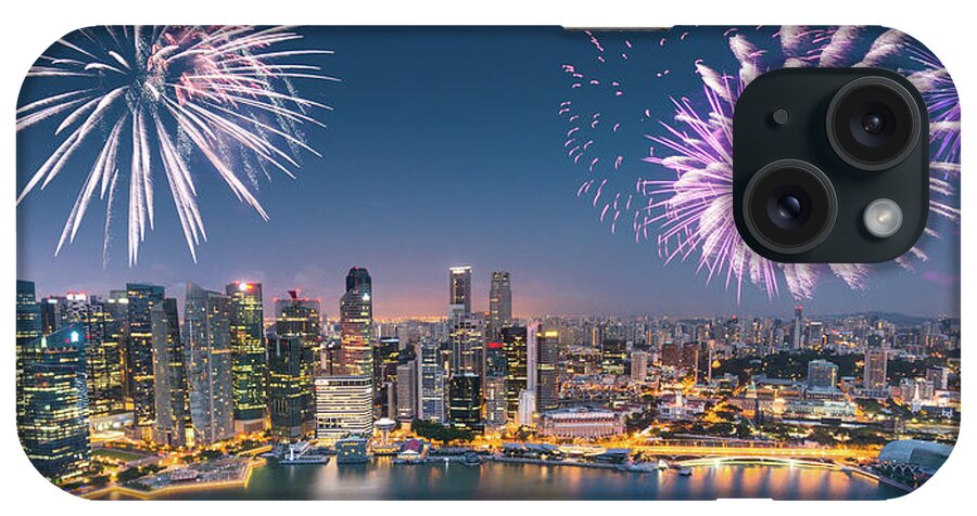 Firework Display iPhone Case featuring the photograph Aerial View Of The Singapore Skyline by Franckreporter