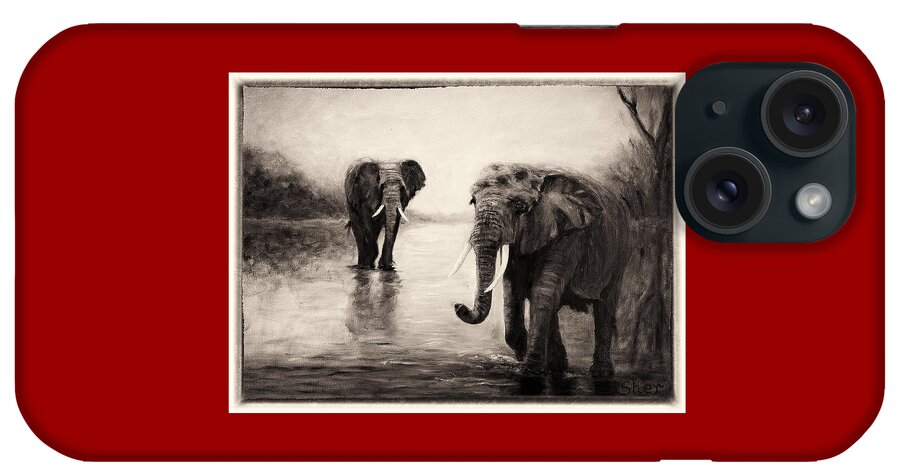 African Elephants iPhone Case featuring the painting African Elephants at Sunset by Sher Nasser