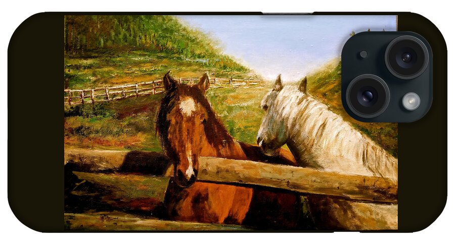 Horses iPhone Case featuring the painting Alberta Horse Farm by Sher Nasser