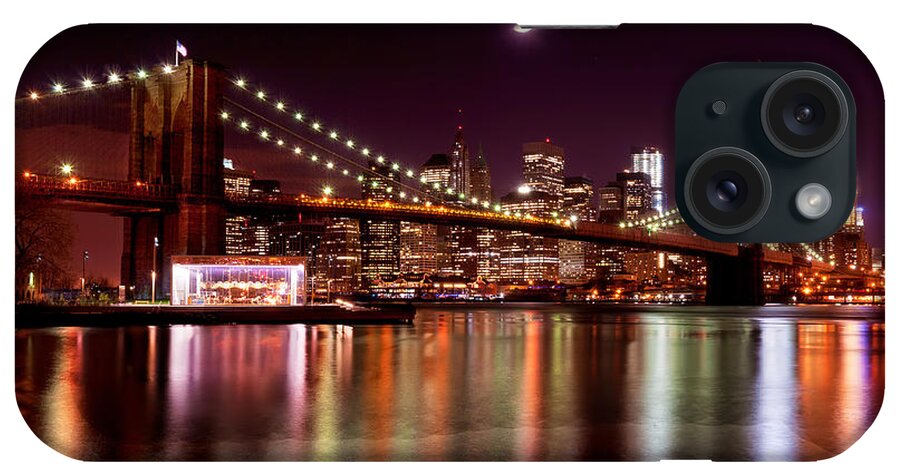 America iPhone Case featuring the photograph Amazing New York Skyline and Brooklyn Bridge with Moon Rising by Mitchell R Grosky