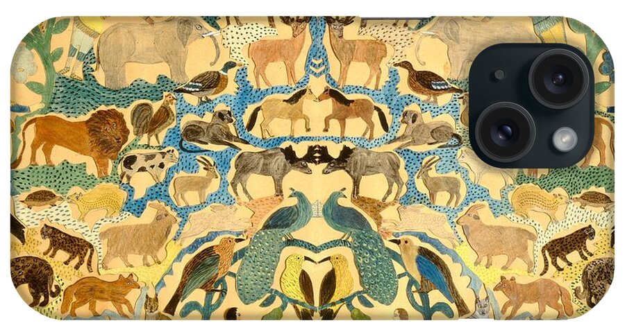Elephant; Butterfly; Bird; Camel; Lion; Giraffe; Horse; Bear; Dog; Zebra; Deer; Leopard; Garden; Eden; Group; Cat; Fox iPhone Case featuring the painting Antique Cutout of Animals by American School