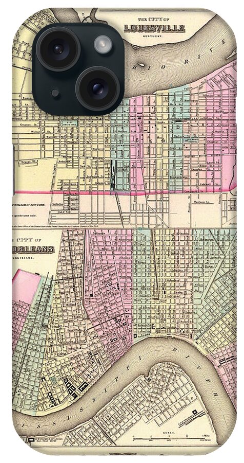 Antique Map of Louisville and New Orleans 1855 iPhone Case by