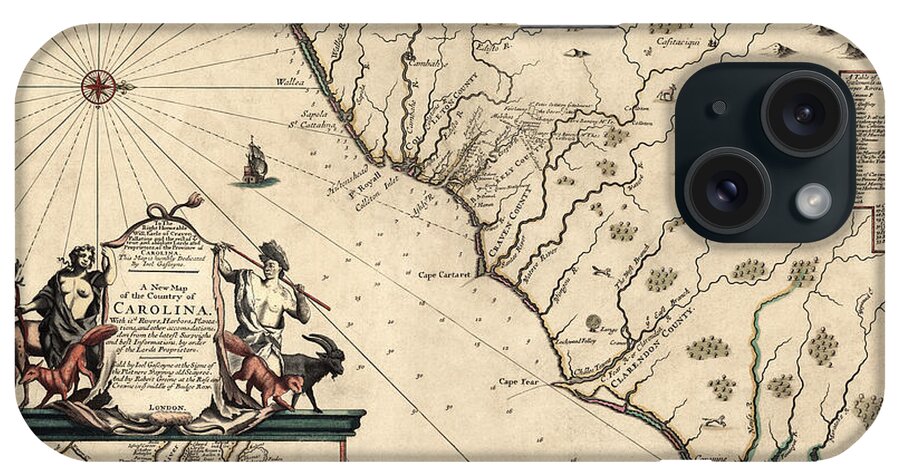 North Carolina iPhone Case featuring the drawing Antique Map of North Carolina and South Carolina by Joel Gascoyne - 1682 by Blue Monocle