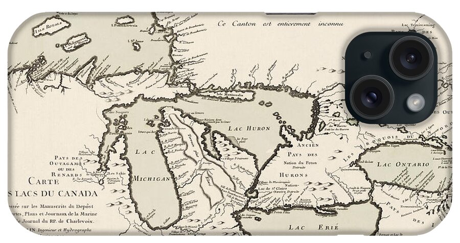 Great Lakes iPhone Case featuring the drawing Antique Map of the Great Lakes by Jacques Nicolas Bellin - 1742 by Blue Monocle