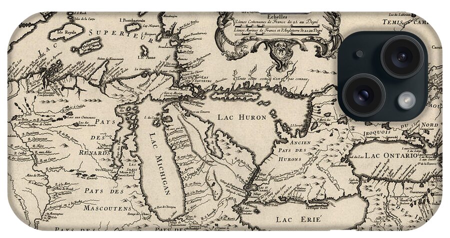 Great Lakes iPhone Case featuring the drawing Antique Map of the Great Lakes by Jacques Nicolas Bellin - 1755 by Blue Monocle