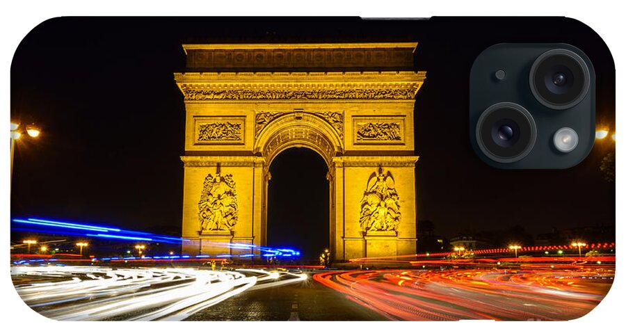 Arc De Triomphe iPhone Case featuring the photograph Arc de Triomphe at night with streaking car lights by Oscar Gutierrez