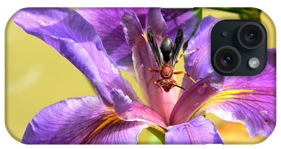 Artistic Purple Iris And Wasp iPhone Case featuring the photograph Artistic Purple Iris and Wasp by Warren Thompson