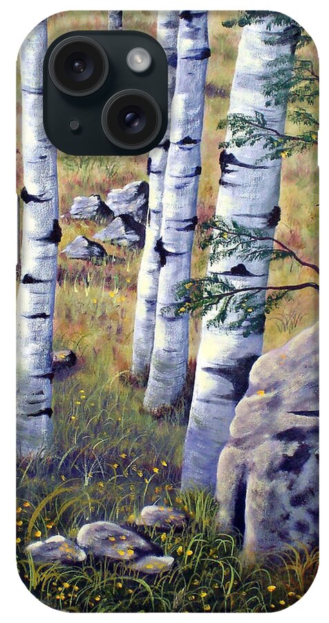 Aspens Trees Arizona Rockies Autumn Leaves Colors Nature Fall Outdoors Beautiful Beauty Forest Colorful Mountains Flora Outdoor Landscape iPhone Case featuring the painting Under the Aspens by Ray Nutaitis