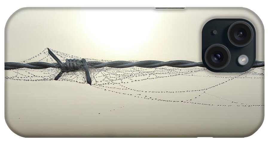 Wire iPhone Case featuring the photograph Barb Wire With Web And Dew by Aaron Foster