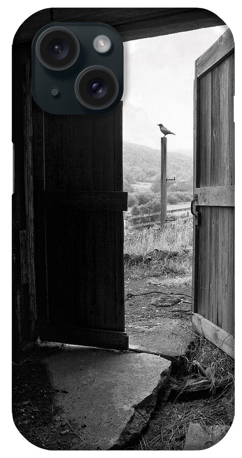 Black And White iPhone Case featuring the photograph Barn Door - View from within - Old barn picture by Gary Heller