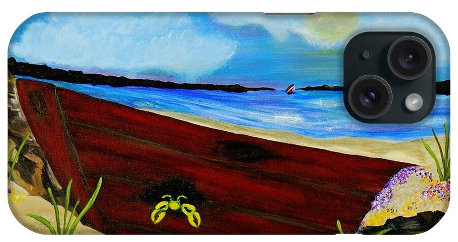 Abandoned Boat Beached On Sand iPhone Case featuring the painting Beached by Celeste Manning