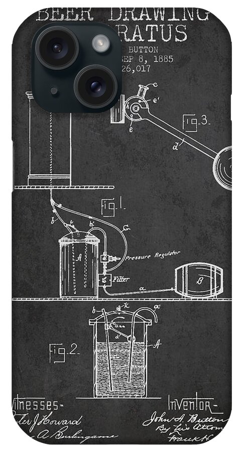 Beer Keg iPhone Case featuring the digital art Beer Drawing Apparatus Patent from 1885 - Dark by Aged Pixel
