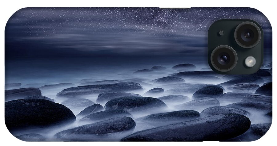 Night Beach Stars Portugal Waterscape Mood Ocean Scenic Landscape Sea Rocks Water Seascape Clouds Blue Longexposure Nature Europe European Milky Way iPhone Case featuring the photograph Beyond our Imagination by Jorge Maia