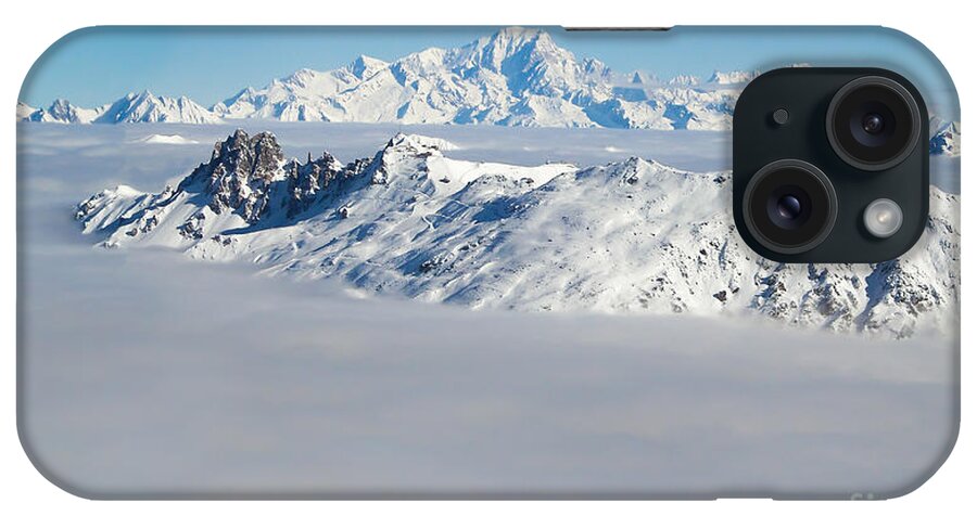 The Alps iPhone Case featuring the photograph Beyond the clouds, skier and the Mont Blanc in the Alps by Delphimages Photo Creations