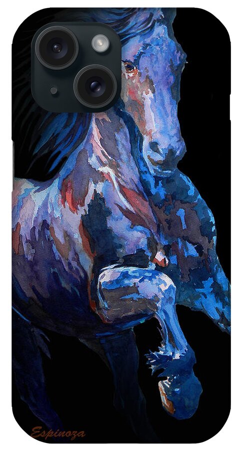 Iridescent Black Horse iPhone Case featuring the painting F  I  R  E   B  L  U  E   by J U A N - O A X A C A
