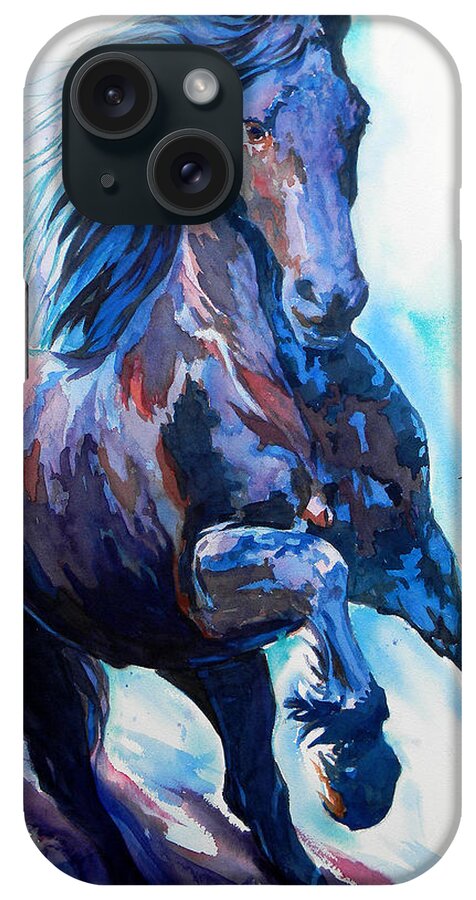 Iridescent Black Horse iPhone Case featuring the painting F R E S S I A N . B L U E by J U A N - O A X A C A