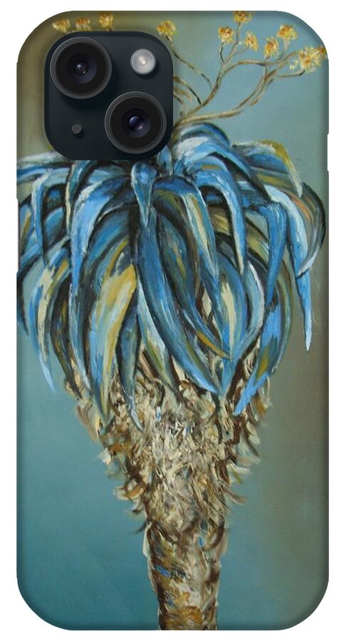 Turquoise iPhone Case featuring the painting Blue Aloe with Yelow Flowers by Sunel De Lange