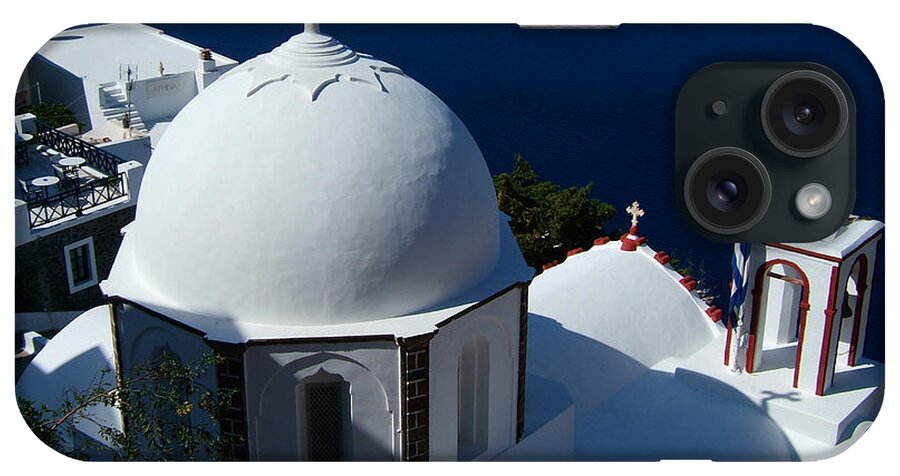 Santorini Oia Church Greece Greek Islands Cyclades Stucco Dome Cross iPhone Case featuring the photograph Blue and White by Brenda Salamone