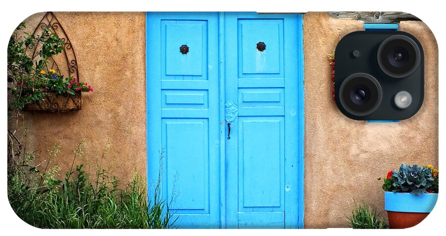 Lucinda Walter iPhone Case featuring the photograph Blue Doors of Taos by Lucinda Walter