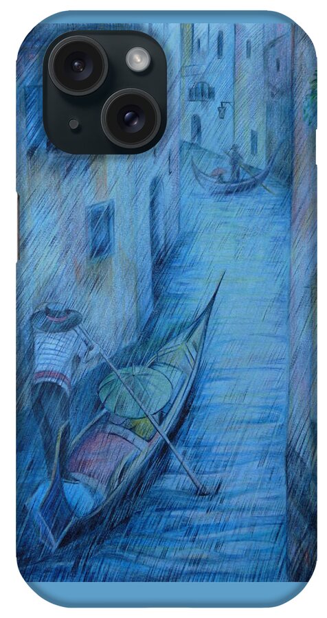 Travel iPhone Case featuring the drawing Blue Rain of Venice by Anna Duyunova