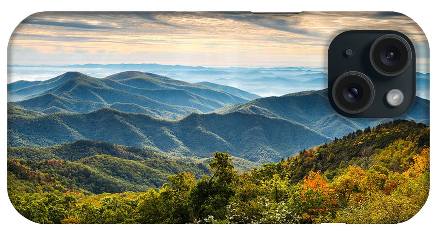 Blue Ridge Mountains iPhone Case featuring the photograph Blue Ridge Parkway Sunrise - Light Lines and Leaves by Dave Allen