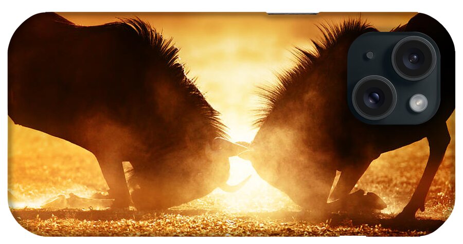 Wildebeest iPhone Case featuring the photograph Blue wildebeest dual in dust by Johan Swanepoel