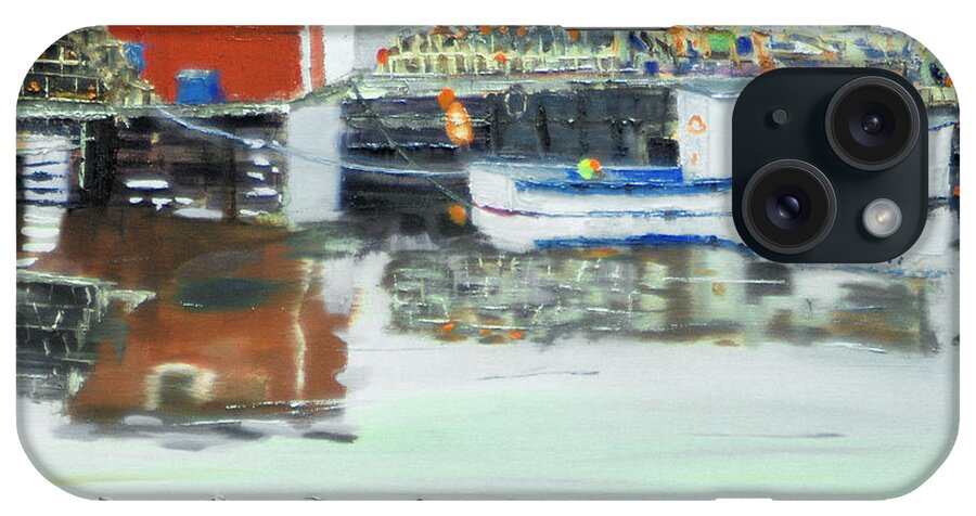 Boat Water Dock Fish Reflection Lobster Net Trap Pot Bouy iPhone Case featuring the painting Boat at Louisburg NS by Michael Daniels