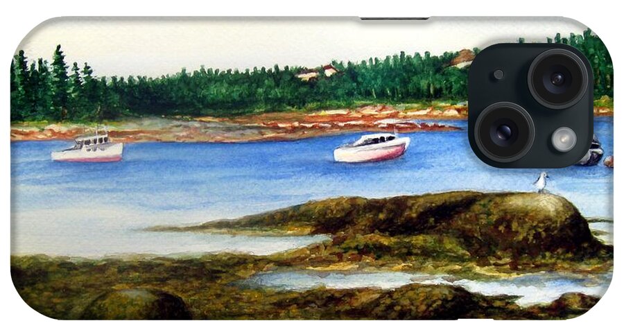 Watercolor;boats;maine;mooring;island iPhone Case featuring the digital art Boat Moorings By Slin's Island by Ric Darrell