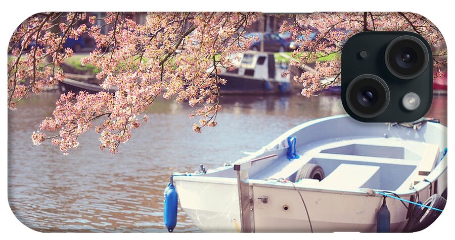 Spring iPhone Case featuring the photograph Boat Under Blooming Cherry Tree. Pink Spring in Amsterdam. by Jenny Rainbow