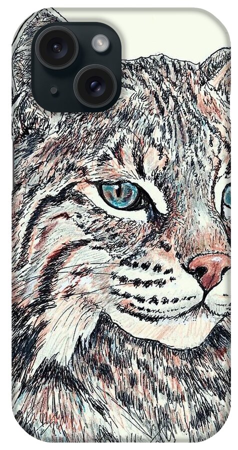 Big Cat iPhone Case featuring the drawing Bobcat Portrait by VLee Watson
