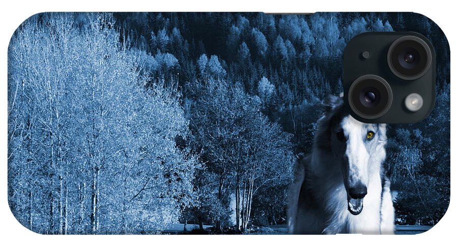 Borzoi iPhone Case featuring the photograph Borzoi wolf hound emerging from dark blue forest by Christian Lagereek