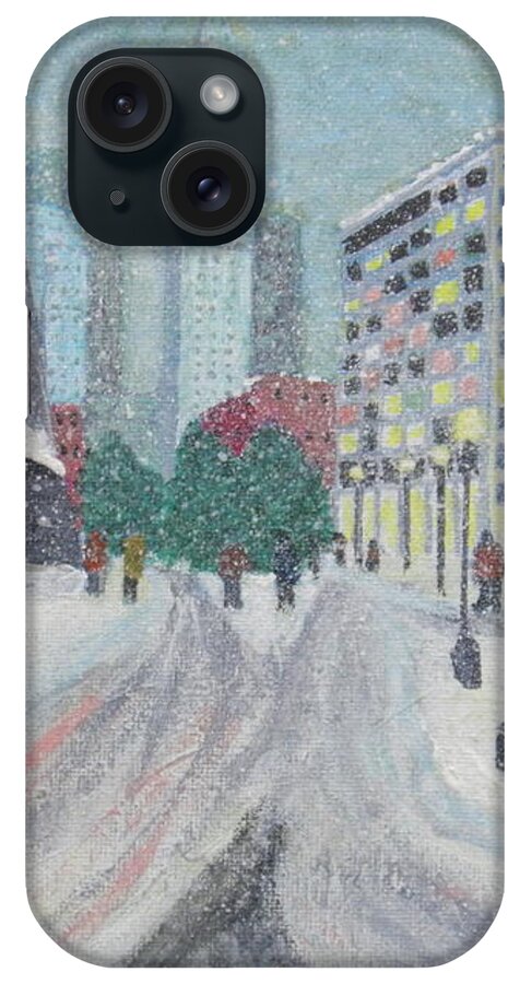 City Boston Snow Chirstmas iPhone Case featuring the painting Boston First Snow by Scott W White