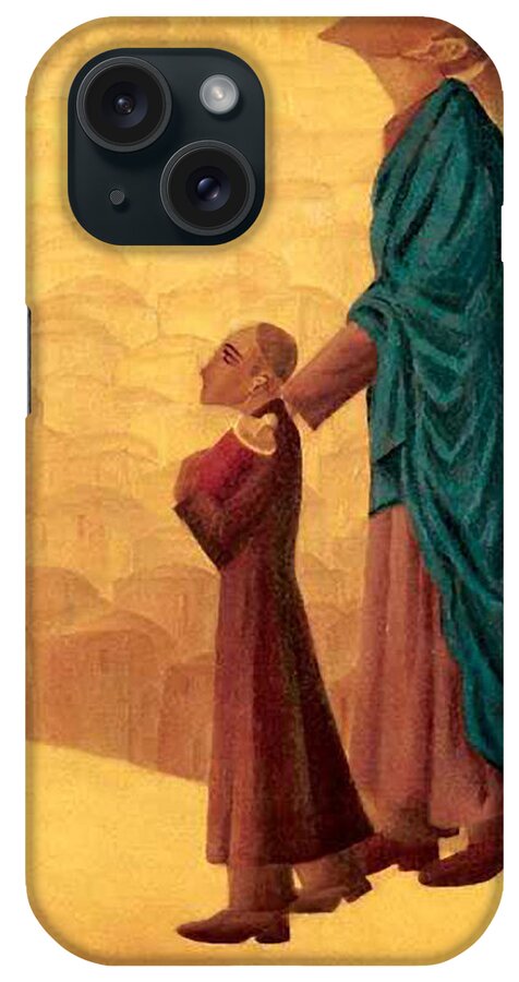 Boy Leading The Blind Angel iPhone Case featuring the painting Boy Leading the Blind Angel by Israel Tsvaygenbaum