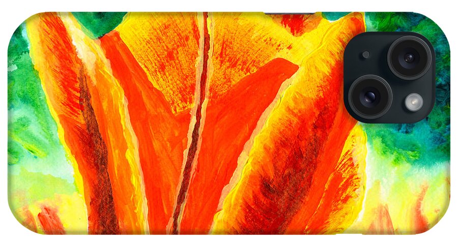 Tulip iPhone Case featuring the painting Bright Yellow Orange Tulip Acrylic Painting by Beverly Claire Kaiya