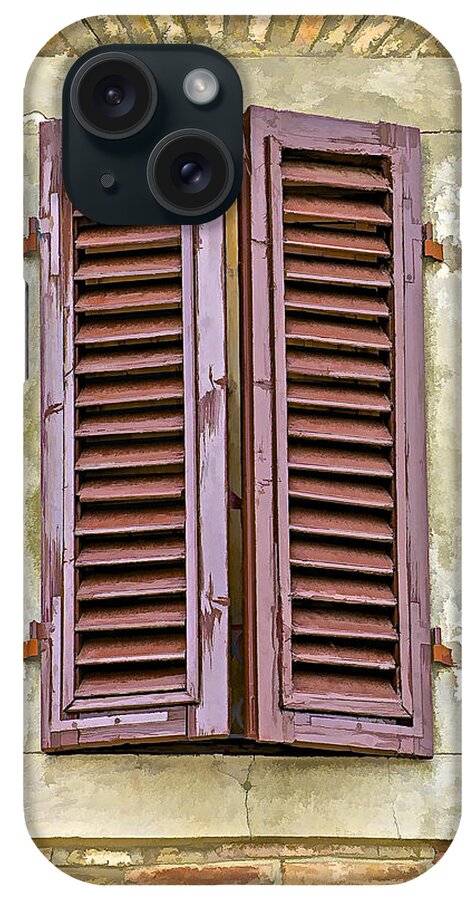 Architecture iPhone Case featuring the photograph Brown Wood Shutters on an Exposed Brick Wall in Tuscany by David Letts