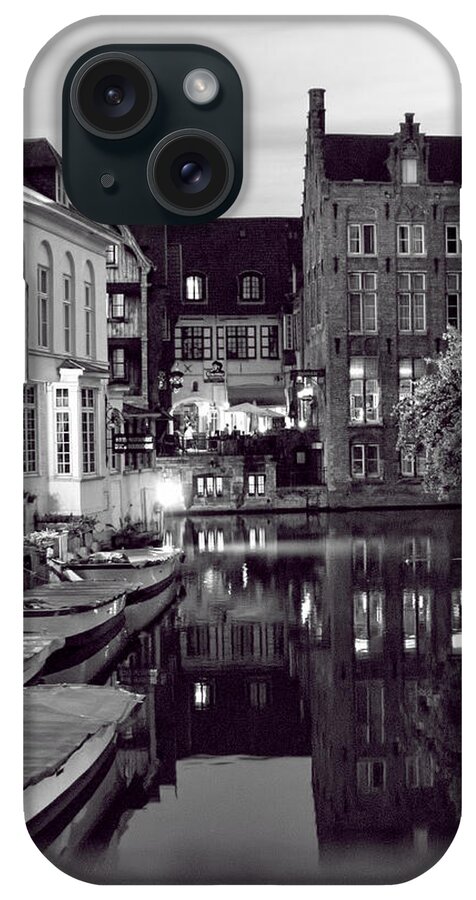 Bruges Canal In Black And White iPhone Case featuring the photograph Bruges Canal in Black and White by Phyllis Taylor