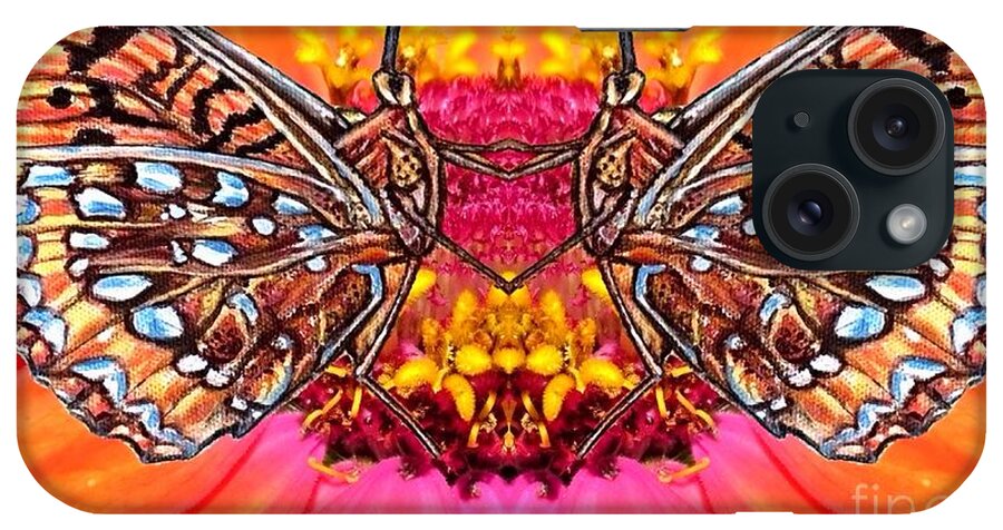 Two Butterfly Images Mirror Images Of Each Other In Front Of A Orange Red Flower Their Legs And Feet Touch Together In The Center And Seem To Be Dancing Joyful Nature Scene Depicts Butterflies Looking Like They Are Dancing Acrylic Photograph And Digital Art iPhone Case featuring the mixed media Butterfly Jig by Kimberlee Baxter