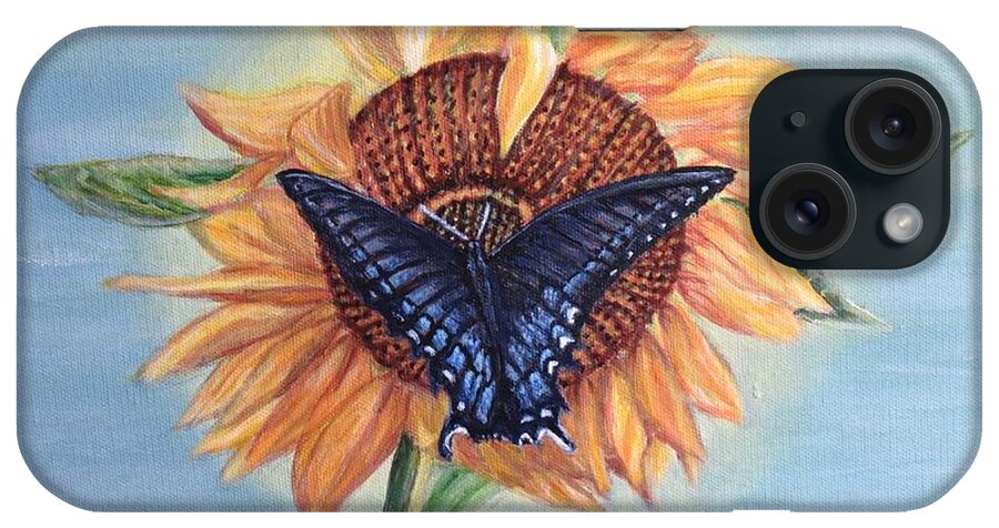 Nature Paintings Butterfly Paintings Sunflower Paintings Black And Blue Monarch Sucking Nectar From A Yellow Orange Sunflower Blue Skies With Light Wispy Clouds iPhone Case featuring the painting Butterfly Sunday in the Summer by Kimberlee Baxter