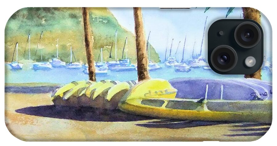 Canoes iPhone Case featuring the painting Canoes and Surfboards in the Morning Light - Catalina by Debbie Lewis