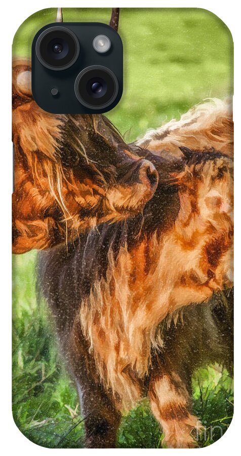 Highland Cow iPhone Case featuring the digital art Caring Mother by Liz Leyden
