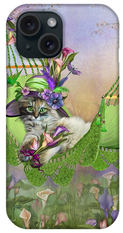 Cat iPhone Case featuring the mixed media Cat In Calla Lily Hat by Carol Cavalaris