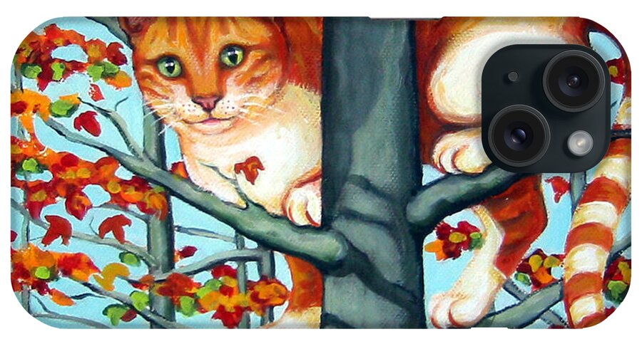 Rebecca Korpita iPhone Case featuring the painting Orange Cat in Tree Autumn Fall Colors by Rebecca Korpita
