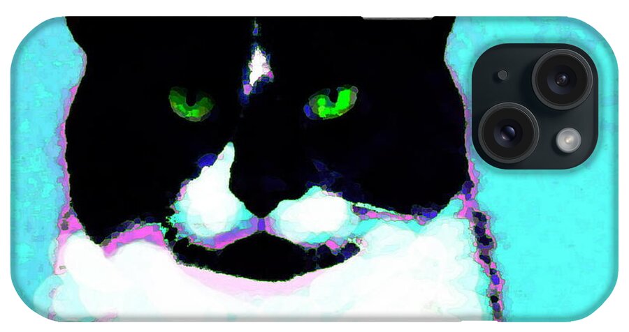 Cat Black And White Tuxedo Cat With Green Eyes iPhone Case featuring the digital art Cat with Green eyes by Priscilla Batzell Expressionist Art Studio Gallery