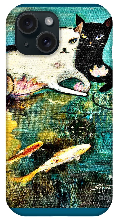 Black Cat iPhone Case featuring the painting Cats with koi by Shijun Munns