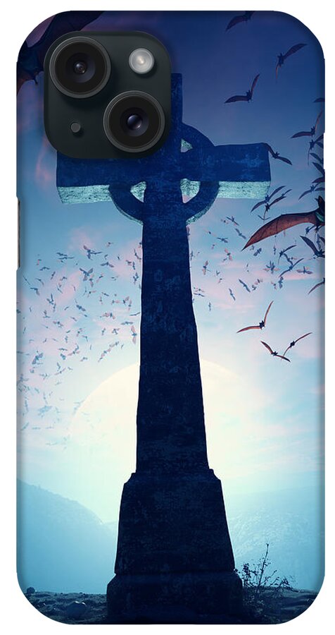 Cross iPhone Case featuring the photograph Celtic Cross with swarm of bats by Johan Swanepoel