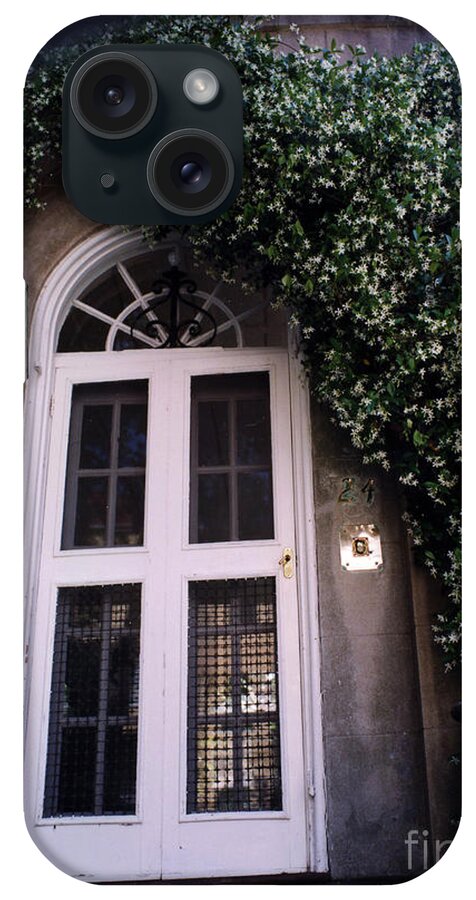 Charleston iPhone Case featuring the photograph Charleston French Quarter White Door With Green Ivy Arch by Kathy Fornal