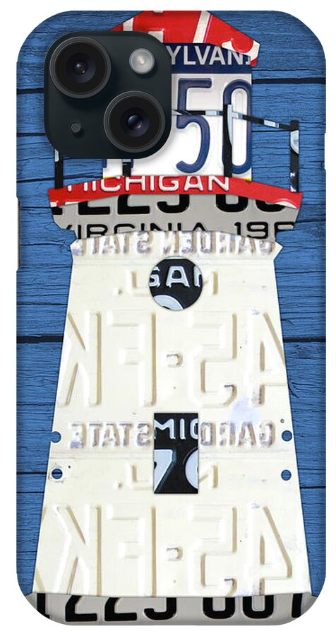 Cheboygan iPhone Case featuring the mixed media Cheboygan Crib Lighthouse Michigan Vintage License Plate Art on Wood by Design Turnpike