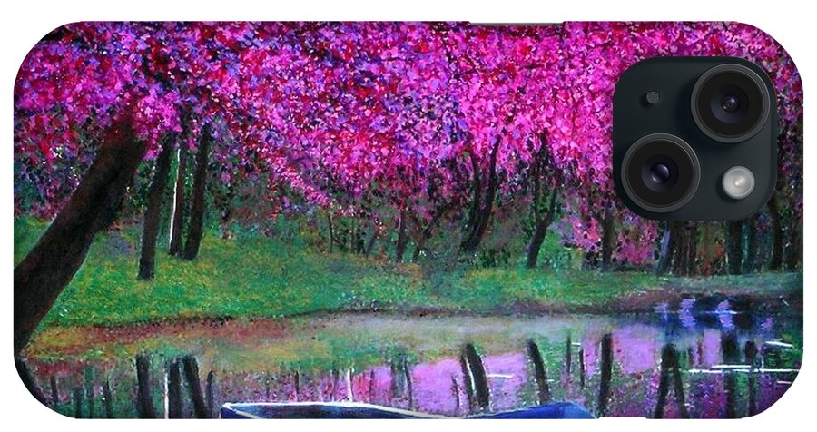 Cherry Blossoms Paintings iPhone Case featuring the painting Cherry blossoms by the lake by Marie-Line Vasseur